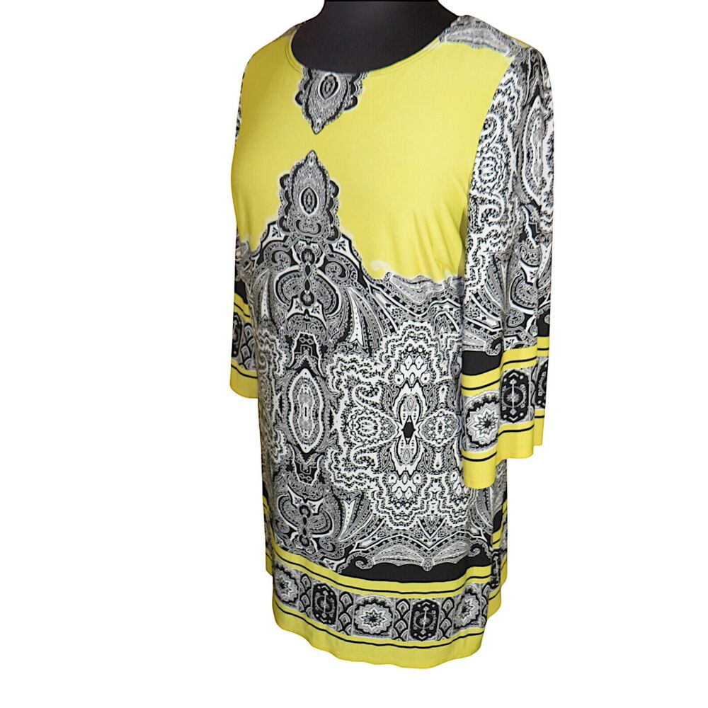 Sunny Leigh Yellow White Black Damask Print Slinky Fabric Dress Plus Size 1X